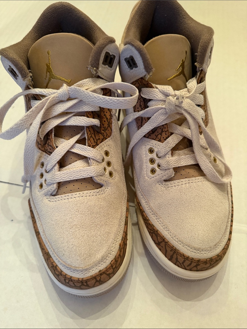 Jordan Women’s Beige Suede Low-Top Sneakers with Brown Elephant Print